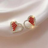 Lianfudai gifts for women  New Trendy Pearl Rhinestone Heart Stud Earrings for Women Korean Flower Crystal Zircon Statement Earrings Fashion Jewelry Gift