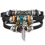 Lianfudai father's day gifts Vintage Leaf Feather Multilayer Leather Bracelets for Women Men Fashion Braided Charms Star Rope Wrap Bracelet Set Male Gift