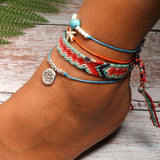 LIANFUDAI  Handmade Weave Bobo Lotus Anklet Set Fashion Starfish 4 Pieces Bohemian Chic Summer Bracelet ankle for Women Gift