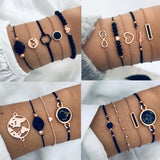 Lianfudai New Year's gifts for Girls  Bohemian Black Gem Stone Beads Bracelets Bangles For Women Heart Map Ocean Gold Color Chain Bracelets Sets Jewelry Gifts