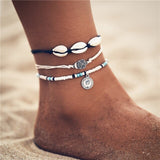 LIANFUDAI Boho Ocean Beach Sea Shell Cowrie Ankle Bracelet Multi Layer Beads Adjustable String Macrame Mussel Seashell Anklets for Women