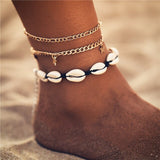 LIANFUDAI Boho Ocean Beach Sea Shell Cowrie Ankle Bracelet Multi Layer Beads Adjustable String Macrame Mussel Seashell Anklets for Women