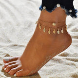 Lianfudai Christmas gifts ideas Gold Metal Shell Coconut Tree Female Anklets Barefoot Sandals Foot Summer Double Layers Anklets On Foot Ankle Bracelets