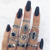 Lianfudai bridal jewelry set for wedding 10 Style Black Opal Stone Crown Flower Elephant Crescent Ring Set for Women Metal Knuckle Rings Jewelry Accessories