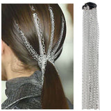 Lianfudai womens Christmas costume ideas Silver color Hair Extensions Clip Multi strand Long Tassel Chain Bridal Wedding Hair Accessories Headwear