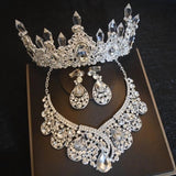 Lianfudai Luxury Big Rhinestone Bridal Jewelry Sets Silver Plated Crystal Crown Tiaras Necklace Earrings Set For Bride Hair Accessories
