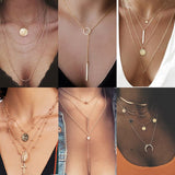 LIANFUDAI Vintage Multilayer Crystal Pendant Necklace Women Gold Color Beads Moon Star Horn Crescent Choker Necklaces Jewelry New