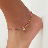 Lianfudai Bohemian Colorful Turkish Eyes Anklets for Women Gold Color Beads Summer Ocean Beach Ankle Bracelet Foot Leg Jewelry