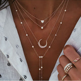 Lianfudai jewelry gifts for women hot sale  New Vintage Crystal Geometry Star Moon Lock Necklace For Women Boho Multi-level Pendants Necklaces Chokers Jewelry Gift