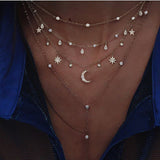 Lianfudai jewelry gifts for women hot sale  New Vintage Crystal Geometry Star Moon Lock Necklace For Women Boho Multi-level Pendants Necklaces Chokers Jewelry Gift