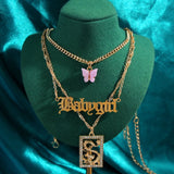 Lianfudai  gifts for her  New Multi Layer Butterfly Dragon Charms Crystal Necklaces For Women Punk Golden Angel Letter Clavicle Chain Hiphop Gifts Jewelry