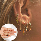 Lianfudai western jewelry for women Halloween gift Boho Gold Crystal Pearl Earrings Set Women Heart Moon Star Cross Geometric Feather Female Earring Vintage Fashion Jewelry