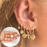 Lianfudai western jewelry for women Halloween gift Boho Gold Crystal Pearl Earrings Set Women Heart Moon Star Cross Geometric Feather Female Earring Vintage Fashion Jewelry