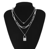 Lianfudai Cute Simple Chain Link Lock Necklace Pendant Women Silver Color Fashion Goth Jewelry Party Punk Maxi Collier Long Necklace Gift
