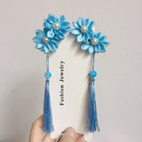 Lianfudai A pair of blue series Chinese style fringed ribbons, children's hairpin, flower headdress, Tang suit, Hanfu accessories, head fl