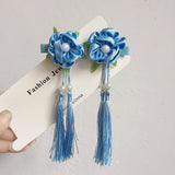 Lianfudai A pair of blue series Chinese style fringed ribbons, children's hairpin, flower headdress, Tang suit, Hanfu accessories, head fl