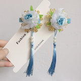 Lianfudai A pair of blue series Chinese style fringed ribbons, children's hairpin, flower headdress, Tang suit, Hanfu accessories, head fl