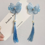 Lianfudai A pair of blue series Chinese style fringed ribbons, children's hairpin, flower headdress, Tang suit, Hanfu accessories, head fl