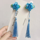 Lianfudai A pair of blue series Chinese style fringed ribbons, children's hairpin, flower headdress, Tang suit, Hanfu accessories, head fl