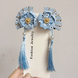 Lianfudai A pair of blue series Chinese style fringed ribbons, children's hairpin, flower headdress, Tang suit, Hanfu accessories, head fl