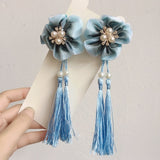 Lianfudai A pair of blue series Chinese style fringed ribbons, children's hairpin, flower headdress, Tang suit, Hanfu accessories, head fl