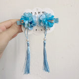 Lianfudai A pair of blue series Chinese style fringed ribbons, children's hairpin, flower headdress, Tang suit, Hanfu accessories, head fl