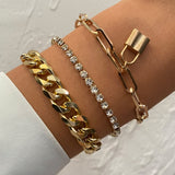 Lianfudai gifts for women  5 Pcs/Set Punk Gold Crystal Thick Chain Bracelet Female Bohemian Geometric Chain OT Buckle Bracelet Set Jewelry Girl Party Gift