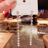 Lianfudai Elegant Female Square Zircon Drop Earrings Charm Bride Wedding Earrings For Women Fashion Silver Color Tassel Long Earrings