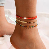 Lianfudai Christmas gifts for her Boho Shell Crystal Strand Bead Anklets Set for Women Girl Multilayers Watermelon Sequin Pendant Foot Chains Beach Jewelry