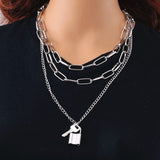 Lianfudai Cute Simple Chain Link Lock Necklace Pendant Women Silver Color Fashion Goth Jewelry Party Punk Maxi Collier Long Necklace Gift