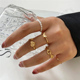 Lianfudai Bohemian Gold Butterfly Rings Set For Women Girls Pearl Resin Flower Cross Chain Finger Rings Jewelry Party
