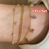 Lianfudai Christmas gifts ideas 5 Pcs/Set Sweet Crystal Fruit Butterfly Star Anklets Bracelet Simple Anklets for Women Fashion Party Jewelry Gifts
