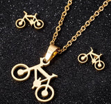 Lianfudai Bohemian Tree of Life Necklaces Gold Stainless Steel Jewelry Sets for Women Cute Bicycle Butterfly Earrings Creative Lover Gift