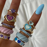 Lianfudai christmas gift ideas valentines day gifts for her  Korean Style Blue Purple Rings for Women Punk Trendy Vintage Heart Ring Small Daisy Flower Rings Party Couple Rings