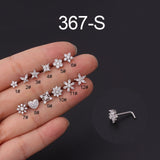 Lianfudai Christmas wishlist New 1PC Fashion L Shaped Nose Studs Stainless Steel Flower Cubic Zirconia 20G Nostril Bone Screw Indian Nose Ring Piercing