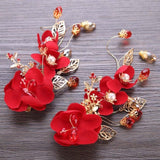 Lianfudai bridal jewelry set for wedding Chinese Hair Accessories Hairpins For Women Red Flower Bride Hair Clips Barrette Bridal Wedding Headwear Jewelry