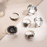 Lianfudai Vintage Silver Color Skull Heart Rings Set For Women Men Gothic Chain Retro Rings Trend Fashion Jewelry