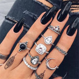 Lianfudai bridal jewelry set for wedding 10 Style Black Opal Stone Crown Flower Elephant Crescent Ring Set for Women Metal Knuckle Rings Jewelry Accessories