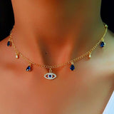 Lianfudai Turkey Fashion Blue Evil Eye Necklace Charm Blue Rhinestone Eye Choker Necklace for Women Boho Jewlery